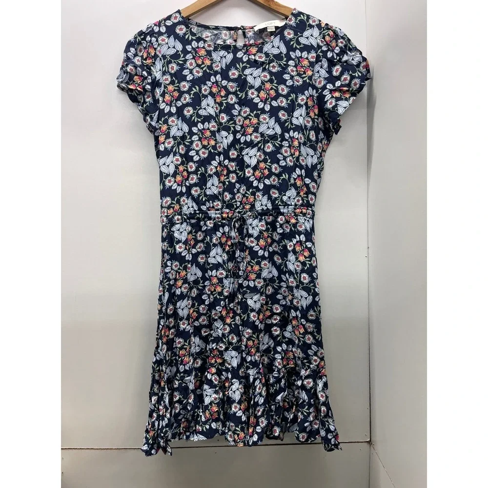 Loft‎ Navy Blue Floral Ruffle Hem Mini Dress Short Sleeve Drawstring Waist Small
